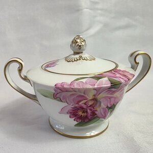 Noritake Pink Orchid Sugar Bowl & Lid White with Pink Orchid Green Leaves